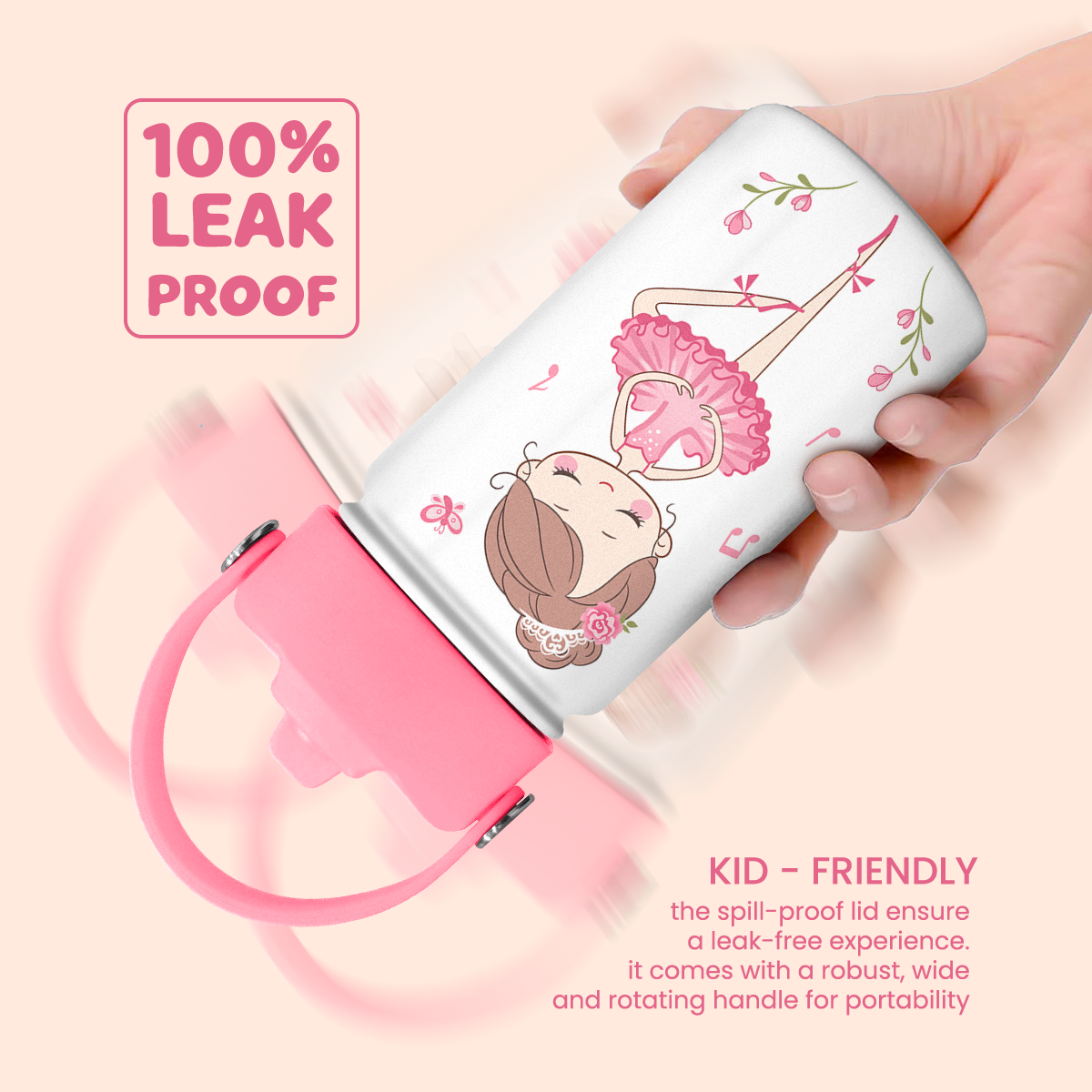 Pink Ballet SipKid | Kids Stainless Steel Straw Lid Water Bottle 12oz