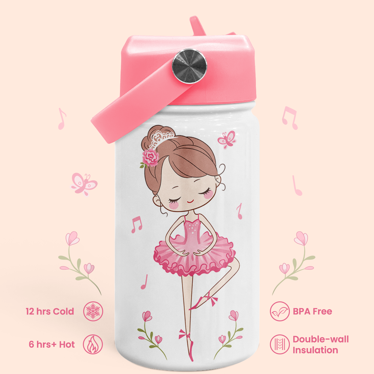 Pink Ballet SipKid | Kids Stainless Steel Straw Lid Water Bottle 12oz