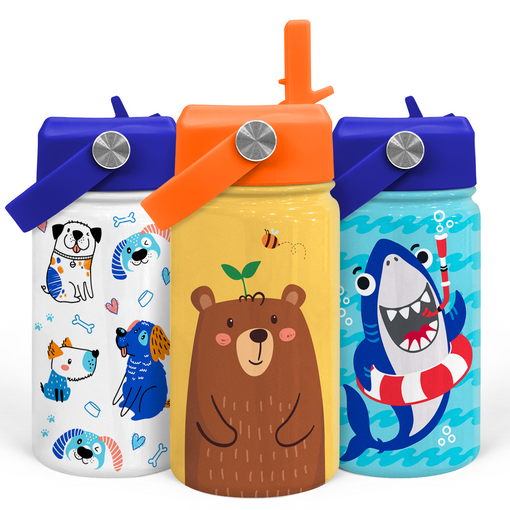 Bear Water Bottle - Kids Water Bottle with Straw Lid - 12 Oz Insulated Stainless Steel Water Bottles for Toddlers Kid Boys - Travel Cup for School Sports