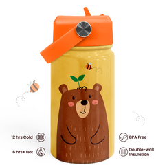 Bear Water Bottle - Kids Water Bottle with Straw Lid - 12 Oz Insulated Stainless Steel Water Bottles for Toddlers Kid Boys - Travel Cup for School Sports