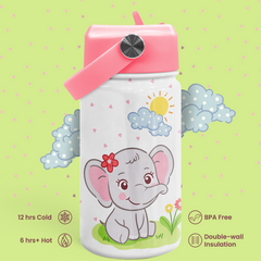 Elephant Water Bottle - Kids Water Bottle with Straw Lid - 12 Oz Insulated Stainless Steel Water Bottles for Toddlers Kid Girl - Travel Cup for School Sports