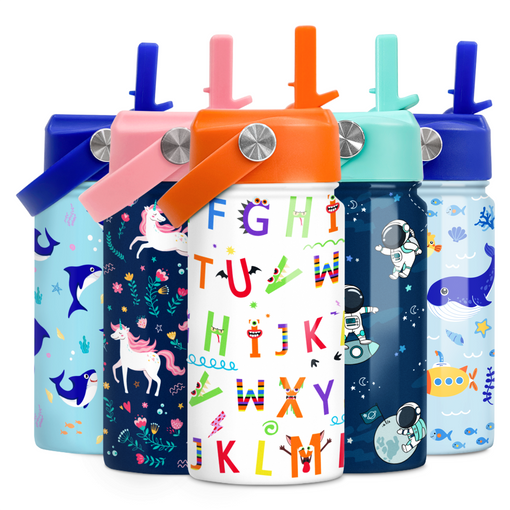 Kids Water Bottle with Straw Lid - 12 Oz Alphabet Insulated Stainless Steel Water Bottles for Toddlers Kid Girl Boys - Travel Cup for School Sports