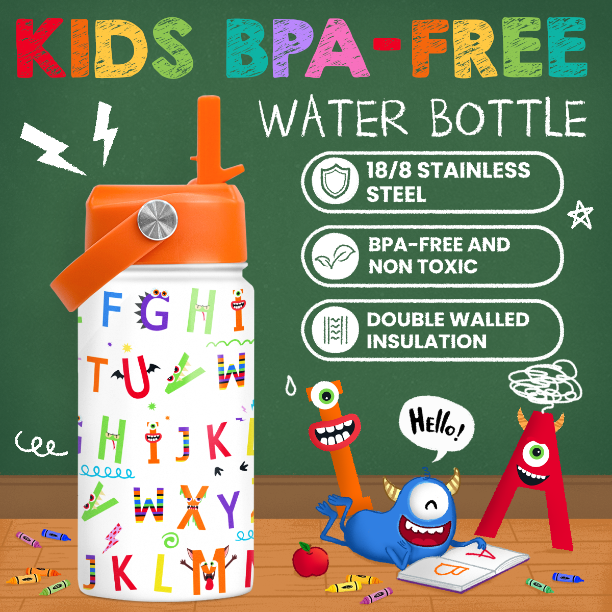 White Alphabet SipKid | Kids Stainless Steel Straw Lid Water Bottle 12oz