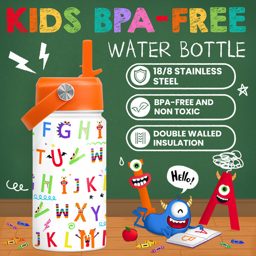 Kids Water Bottle with Straw Lid - 12 Oz Alphabet Insulated Stainless Steel Water Bottles for Toddlers Kid Girl Boys - Travel Cup for School Sports