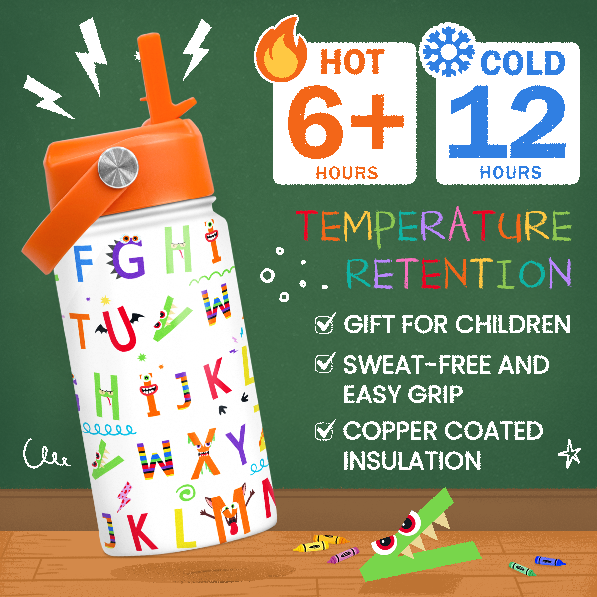 White Alphabet SipKid | Kids Stainless Steel Straw Lid Water Bottle 12oz