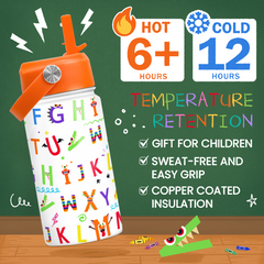 Kids Water Bottle with Straw Lid - 12 Oz Alphabet Insulated Stainless Steel Water Bottles for Toddlers Kid Girl Boys - Travel Cup for School Sports