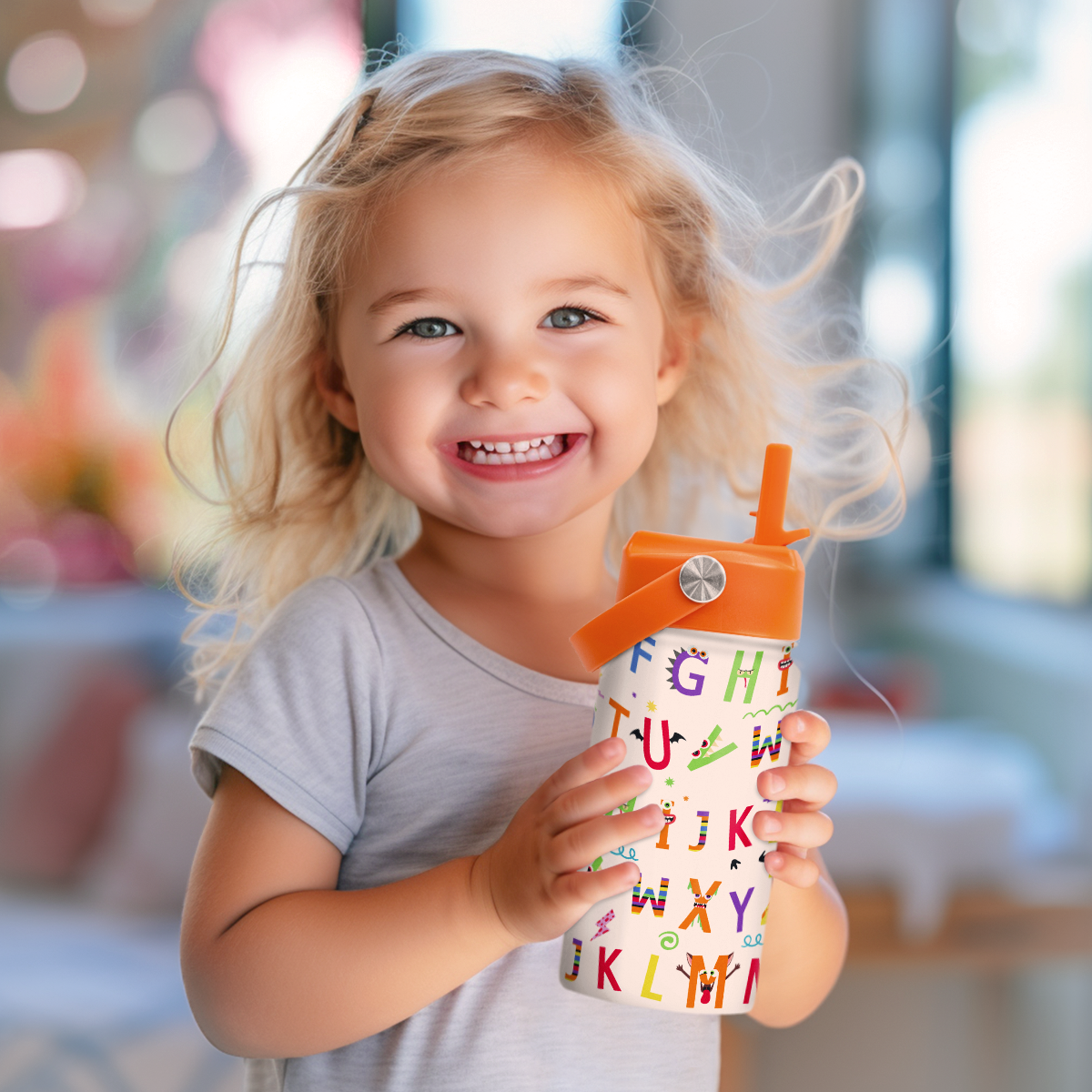 White Alphabet SipKid | Kids Stainless Steel Straw Lid Water Bottle 12oz