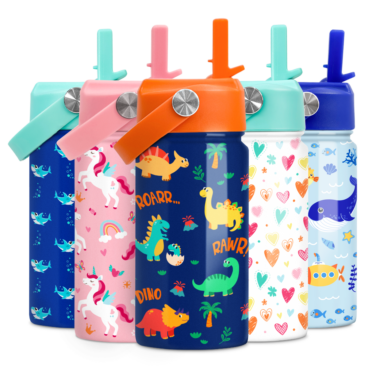 A collection of insulated stainless steel water bottles for kids with dinosaur patterns and colorful lids.