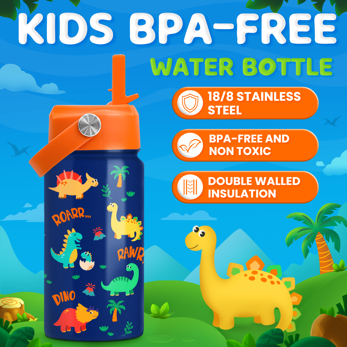Blue Dinosaur SipKid | Kids Stainless Steel Straw Lid Water Bottle 12oz