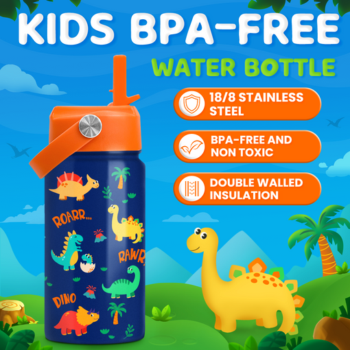 Dinosaur Water Bottle for Boys - Kids Water Bottle with Straw Lid - 12 Oz Insulated Stainless Steel Water Bottles for Toddlers Kid - Travel Cup for School Sports