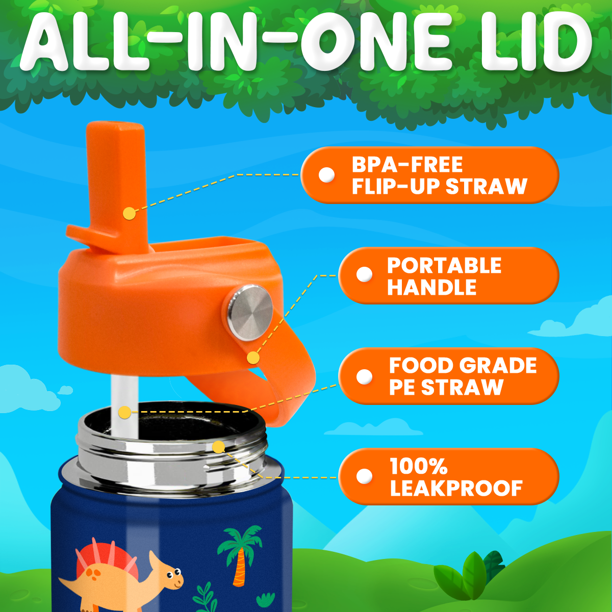 Blue Dinosaur SipKid | Kids Stainless Steel Straw Lid Water Bottle 12oz