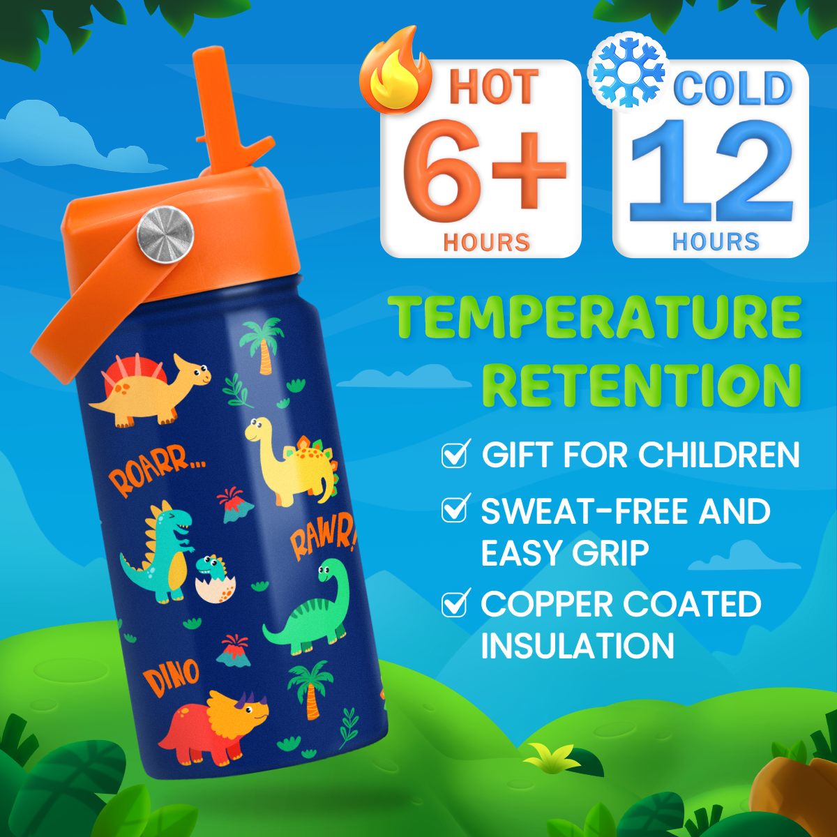 Blue Dinosaur SipKid | Kids Stainless Steel Straw Lid Water Bottle 12oz