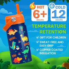 Dinosaur Water Bottle for Boys - Kids Water Bottle with Straw Lid - 12 Oz Insulated Stainless Steel Water Bottles for Toddlers Kid - Travel Cup for School Sports