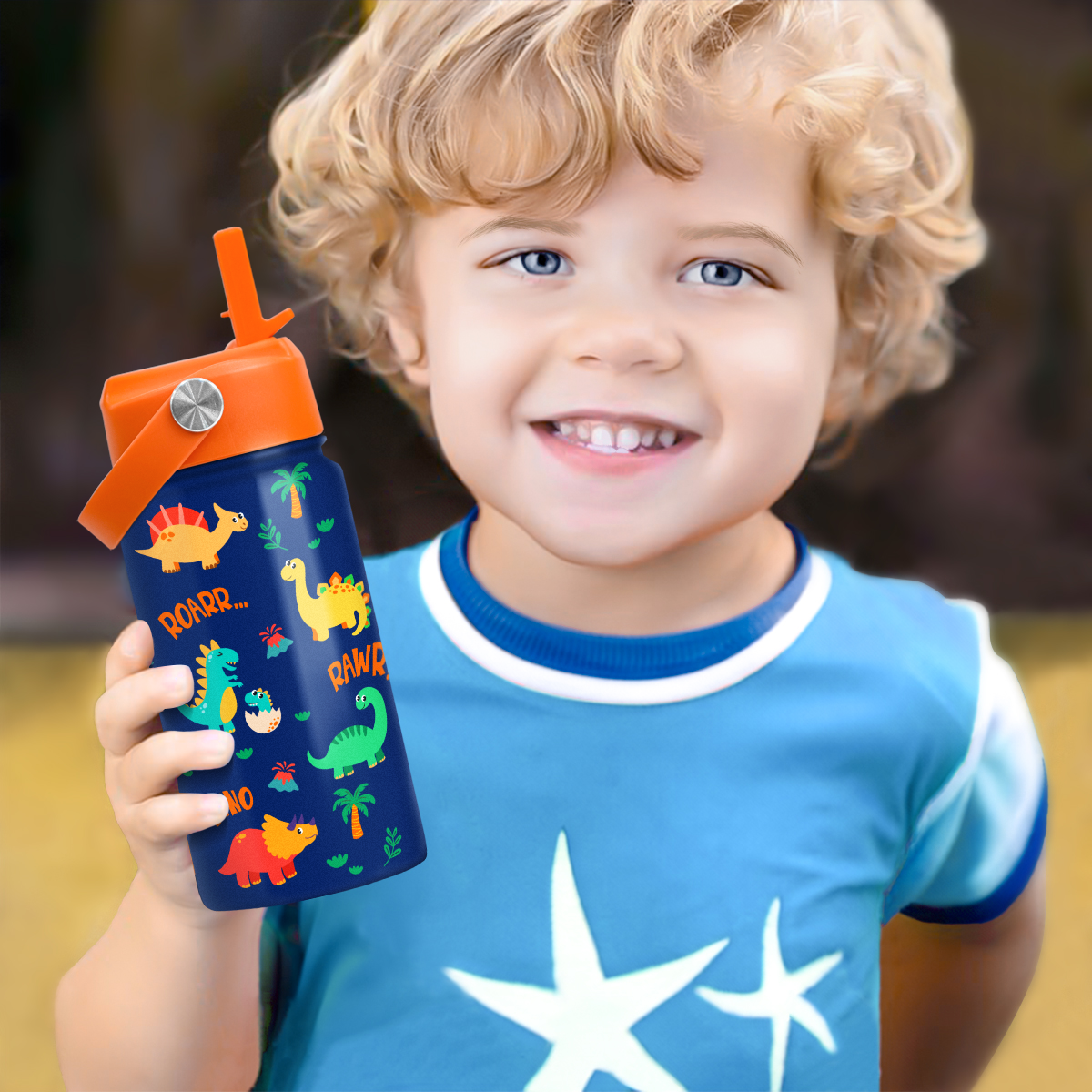 Blue Dinosaur SipKid | Kids Stainless Steel Straw Lid Water Bottle 12oz