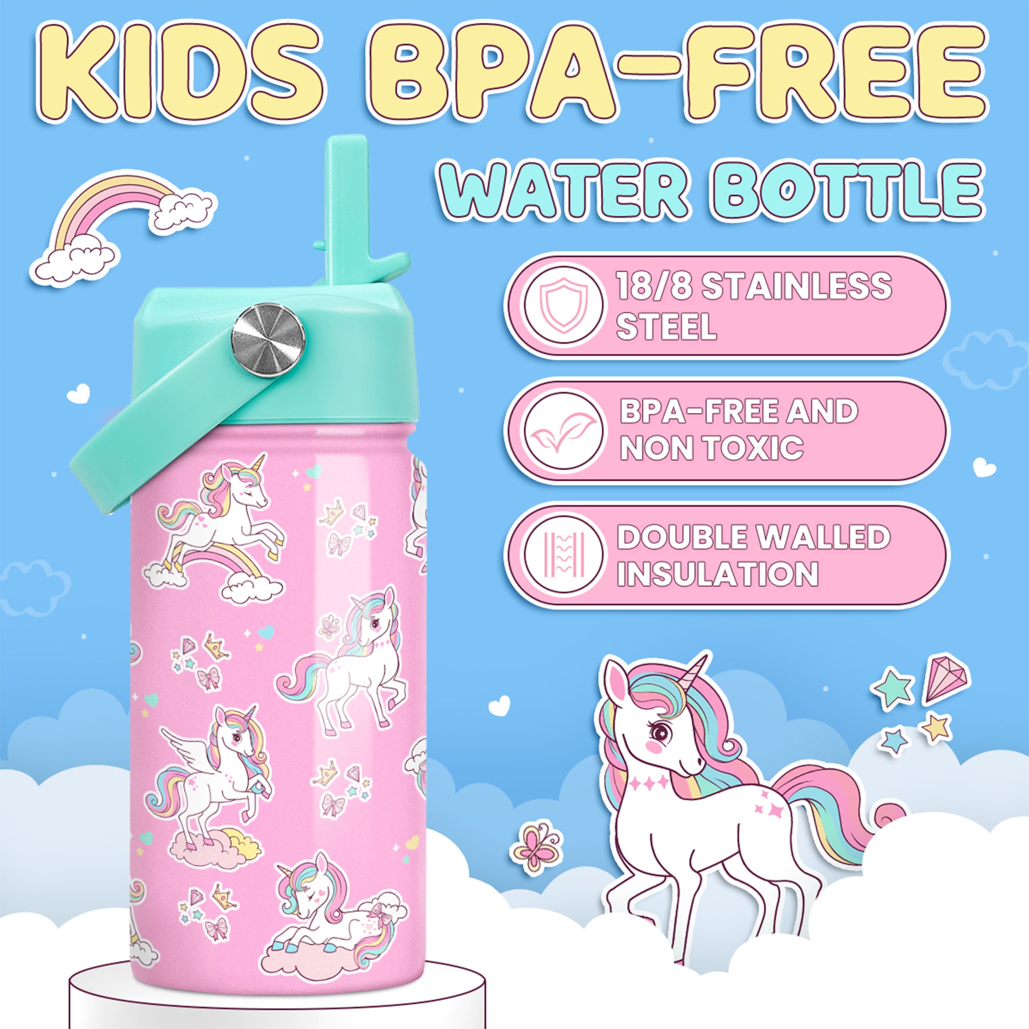 Pink Unicorn SipKid | Kids Stainless Steel Straw Lid Water Bottle 12oz