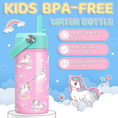 Unicorn Water Bottle - Kids Water Bottle with Straw Lid - 12 Oz Insulated Stainless Steel  Water Bottles for Toddlers Kid Girls - Travel Cup for School Sports