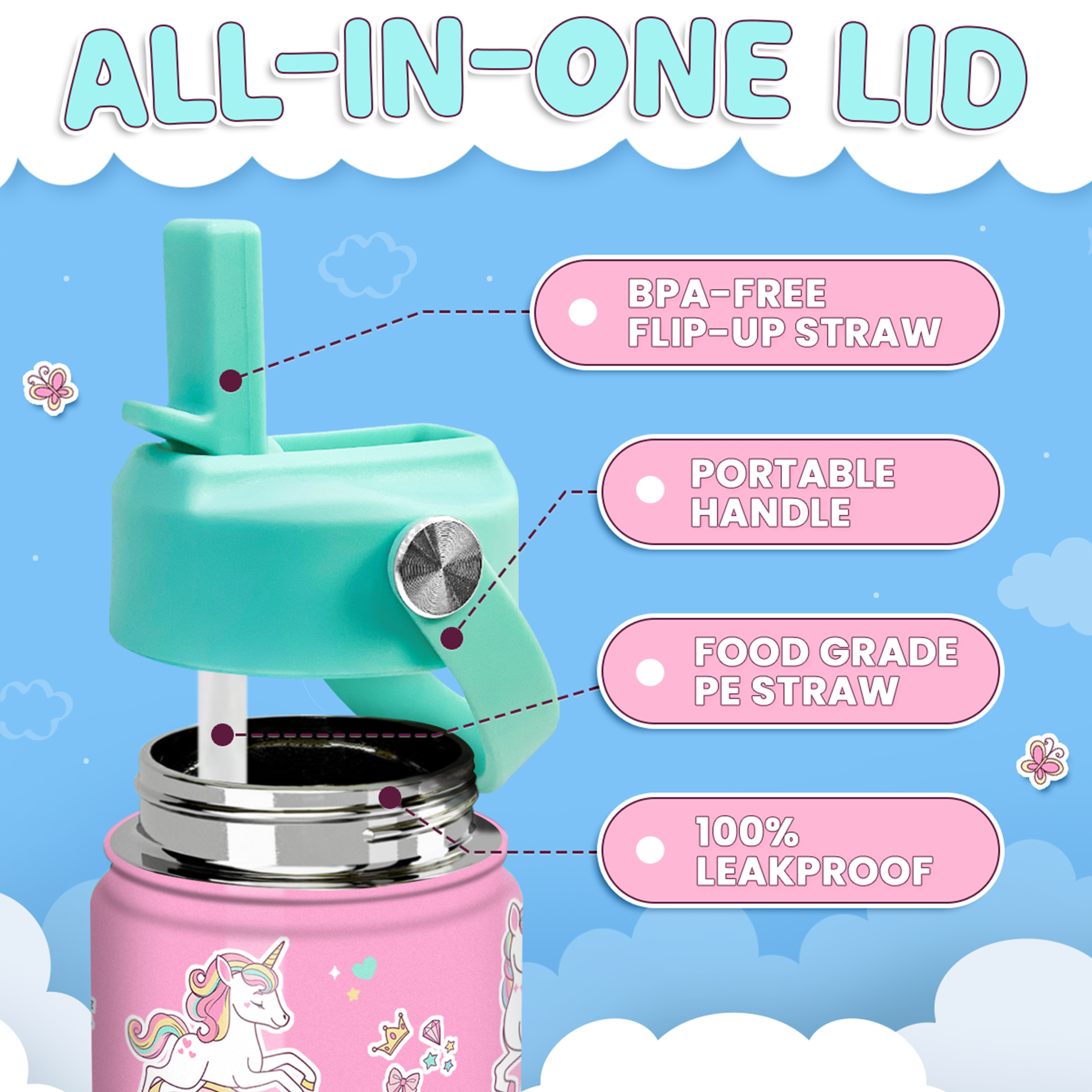 Pink Unicorn SipKid | Kids Stainless Steel Straw Lid Water Bottle 12oz