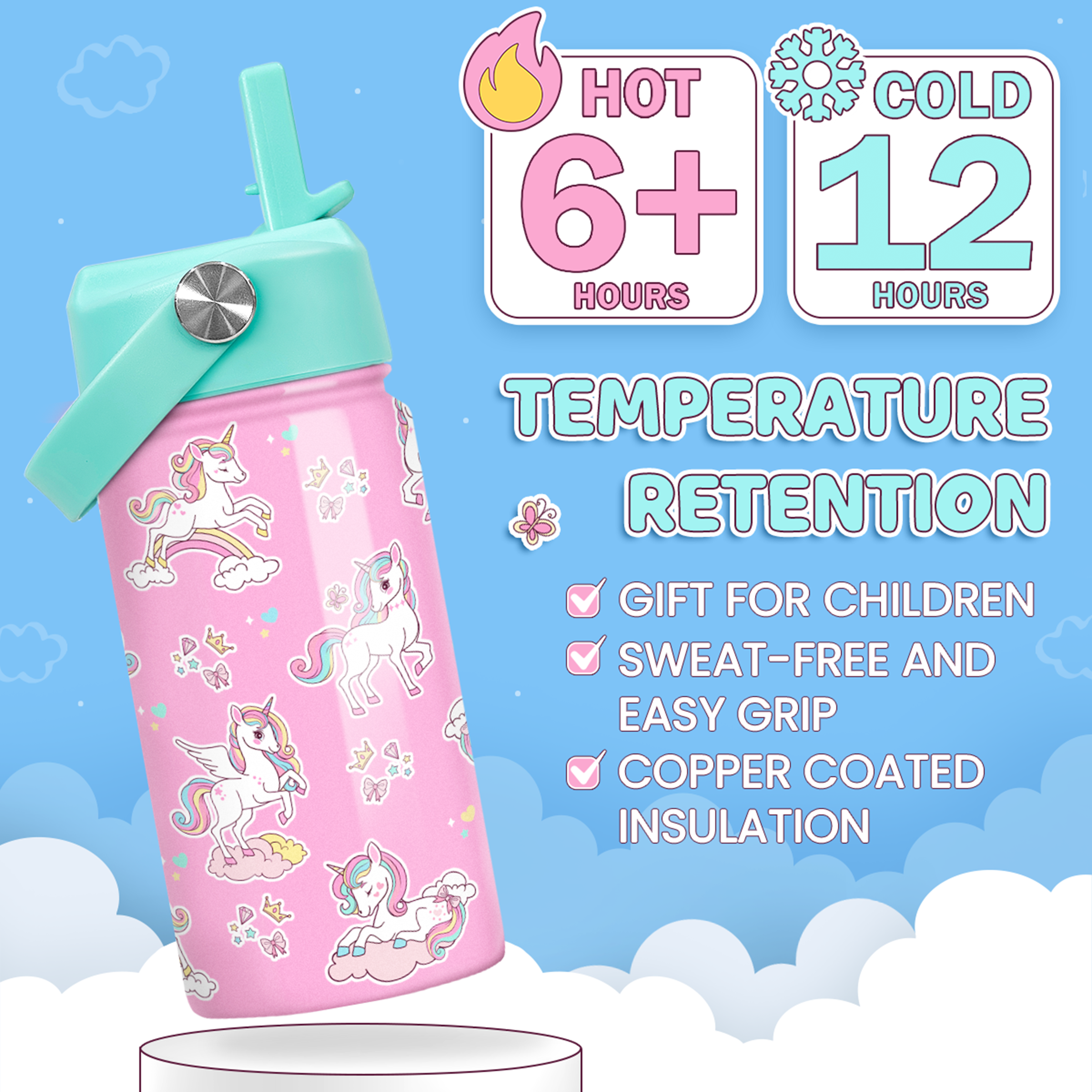 Pink Unicorn SipKid | Kids Stainless Steel Straw Lid Water Bottle 12oz