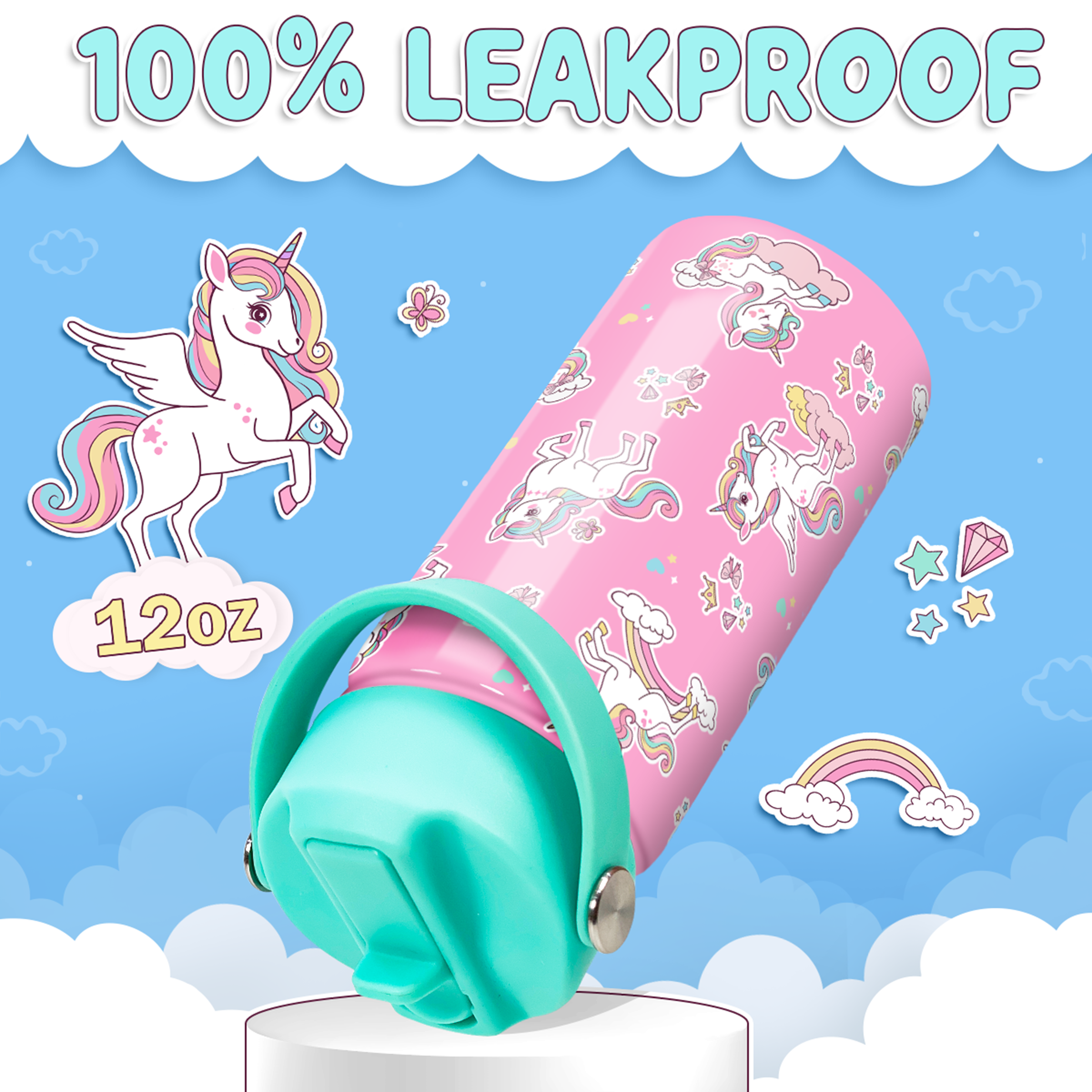 Pink Unicorn SipKid | Kids Stainless Steel Straw Lid Water Bottle 12oz