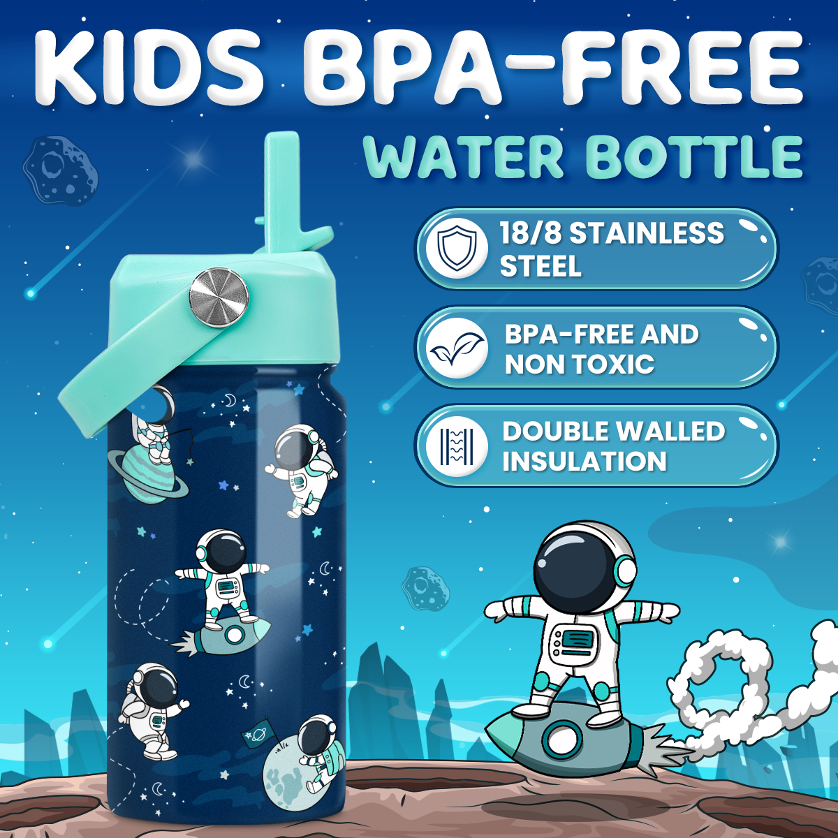 Blue Astronaut SipKid | Kids Stainless Steel Straw Lid Water Bottle 12oz