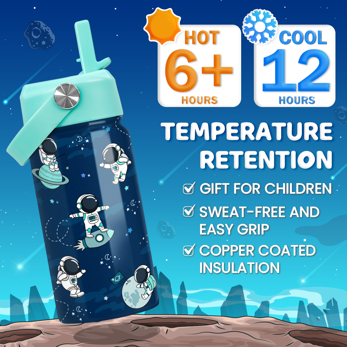 Blue Astronaut SipKid | Kids Stainless Steel Straw Lid Water Bottle 12oz