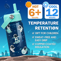 Astronaut Water Bottle - Kids Water Bottle with Straw Lid - 12 Oz Insulated Stainless Steel Water Bottles for Toddlers Kid Boys - Travel Cup for School Sports