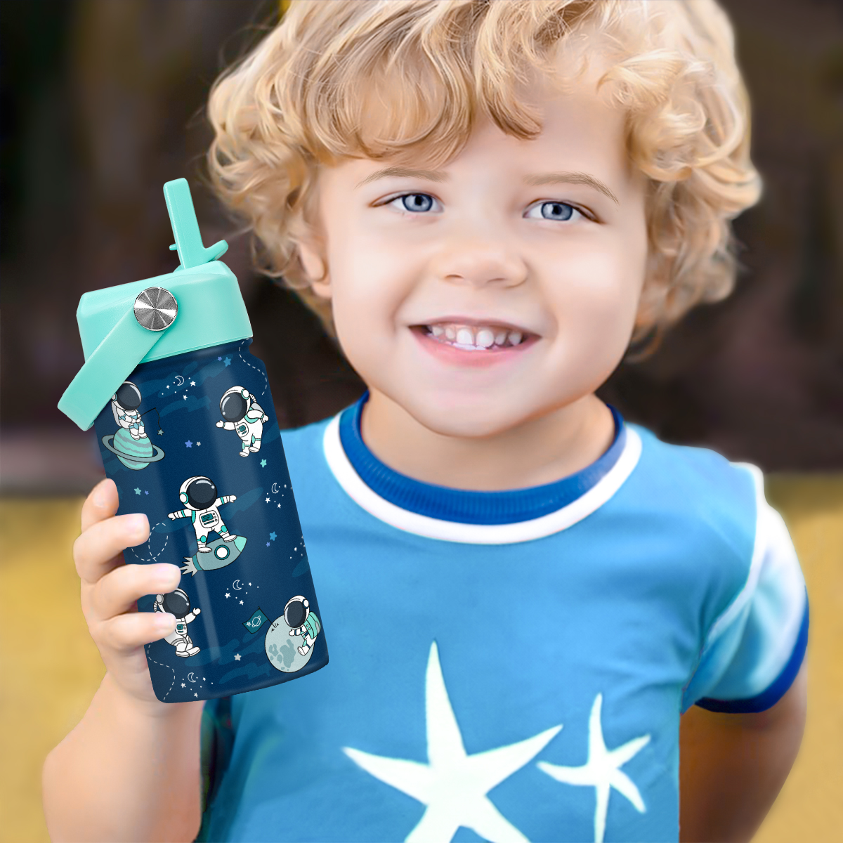 Blue Astronaut SipKid | Kids Stainless Steel Straw Lid Water Bottle 12oz