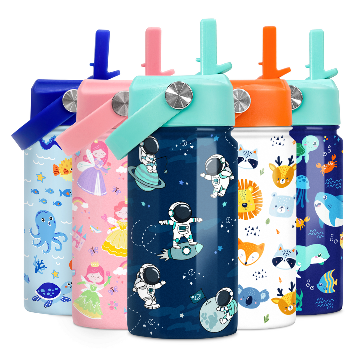 A collection of insulated stainless steel water bottles for kids in various colors, each featuring playful astronaut-themed designs.
