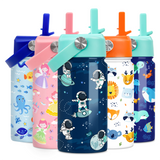 A collection of insulated stainless steel water bottles for kids in various colors, each featuring playful astronaut-themed designs.