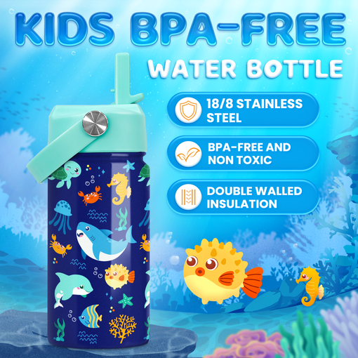 Kids Water Bottle with Straw Lid - 12 Oz Insulated Stainless Steel Ocean Water Bottles for Toddlers Kid Boys Girls - Travel Cup for School Sports