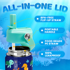 Kids Water Bottle with Straw Lid - 12 Oz Insulated Stainless Steel Ocean Water Bottles for Toddlers Kid Boys Girls - Travel Cup for School Sports