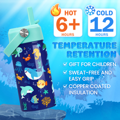 Kids Water Bottle with Straw Lid - 12 Oz Insulated Stainless Steel Ocean Water Bottles for Toddlers Kid Boys Girls - Travel Cup for School Sports