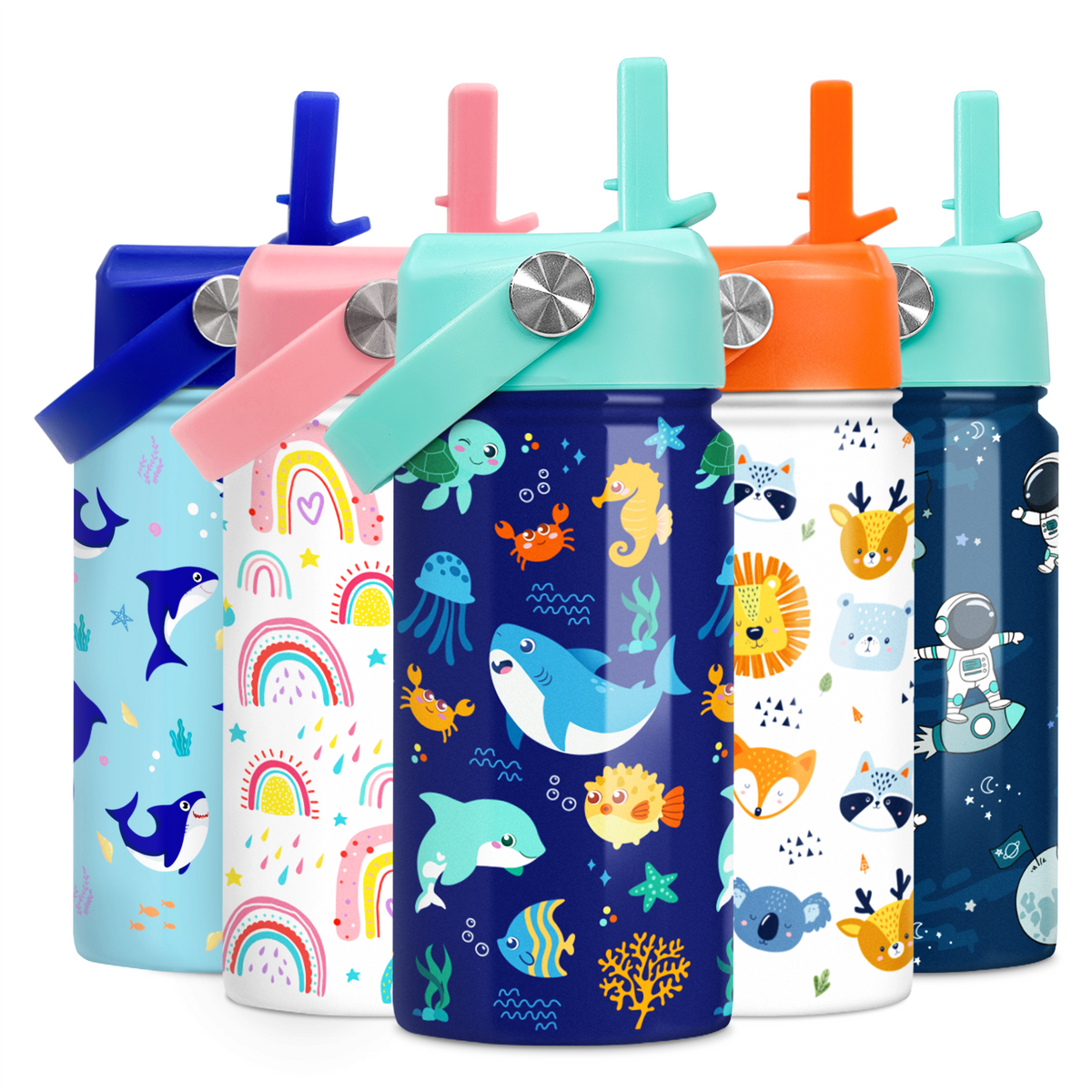 A collection of five kids' water bottles with straw lids, featuring various colorful patterns including animals and ocean life.