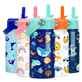 A collection of five kids' water bottles with straw lids, featuring various colorful patterns including animals and ocean life.