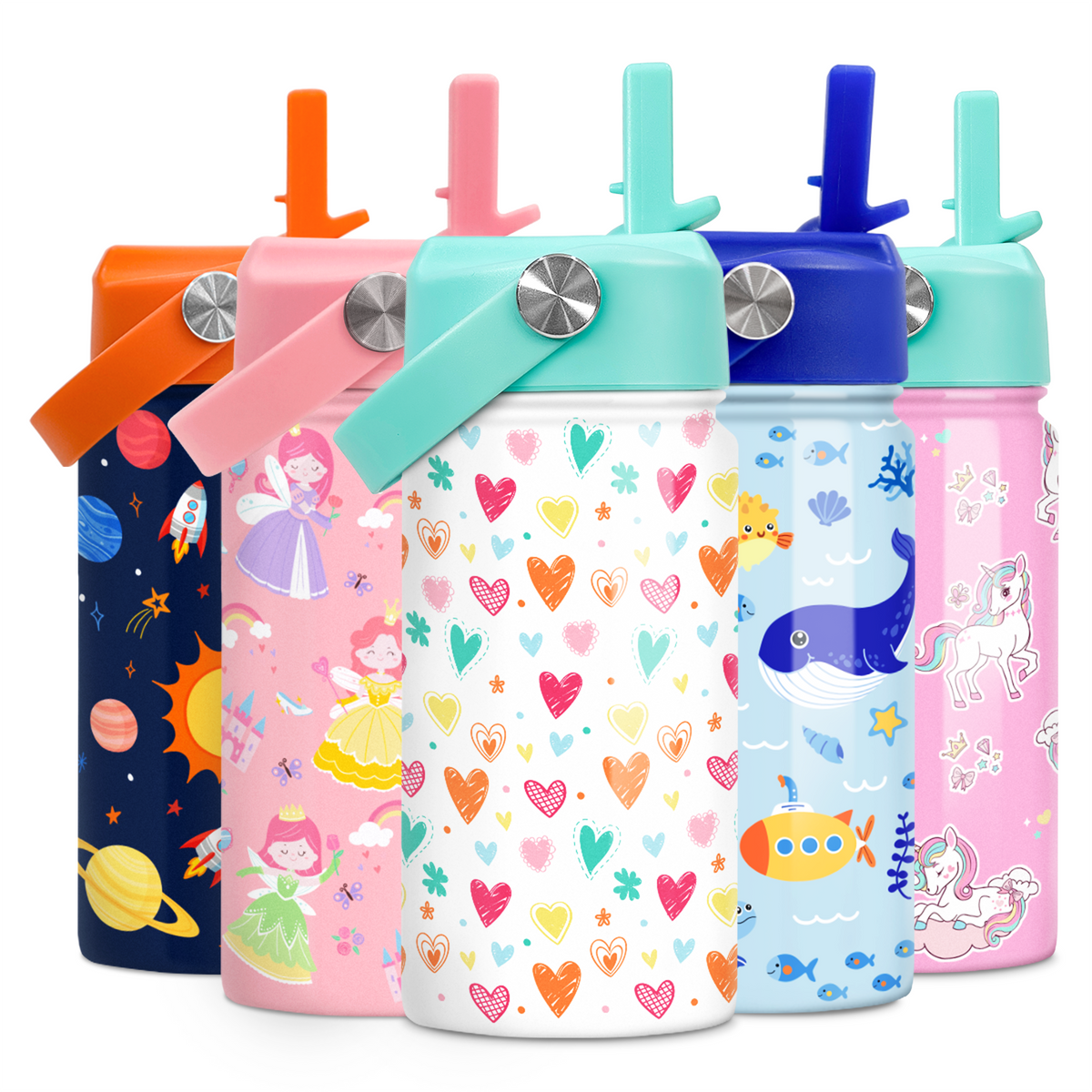 A collection of four kids' water bottles in various colors, each with a straw lid and decorated with different designs, including planets, animals, and cartoon characters.