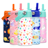 A collection of four kids' water bottles in various colors, each with a straw lid and decorated with different designs, including planets, animals, and cartoon characters.