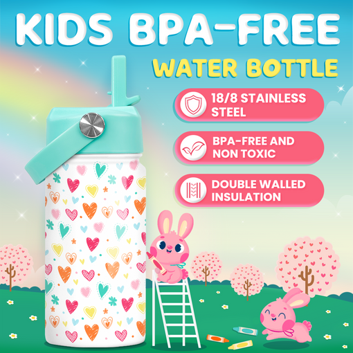 Kids Water Bottle with Straw Lid - 12 Oz Insulated Stainless Steel Water Bottles for Toddlers Kid Girls - Heart Water Bottle Travel Cup for School Sports