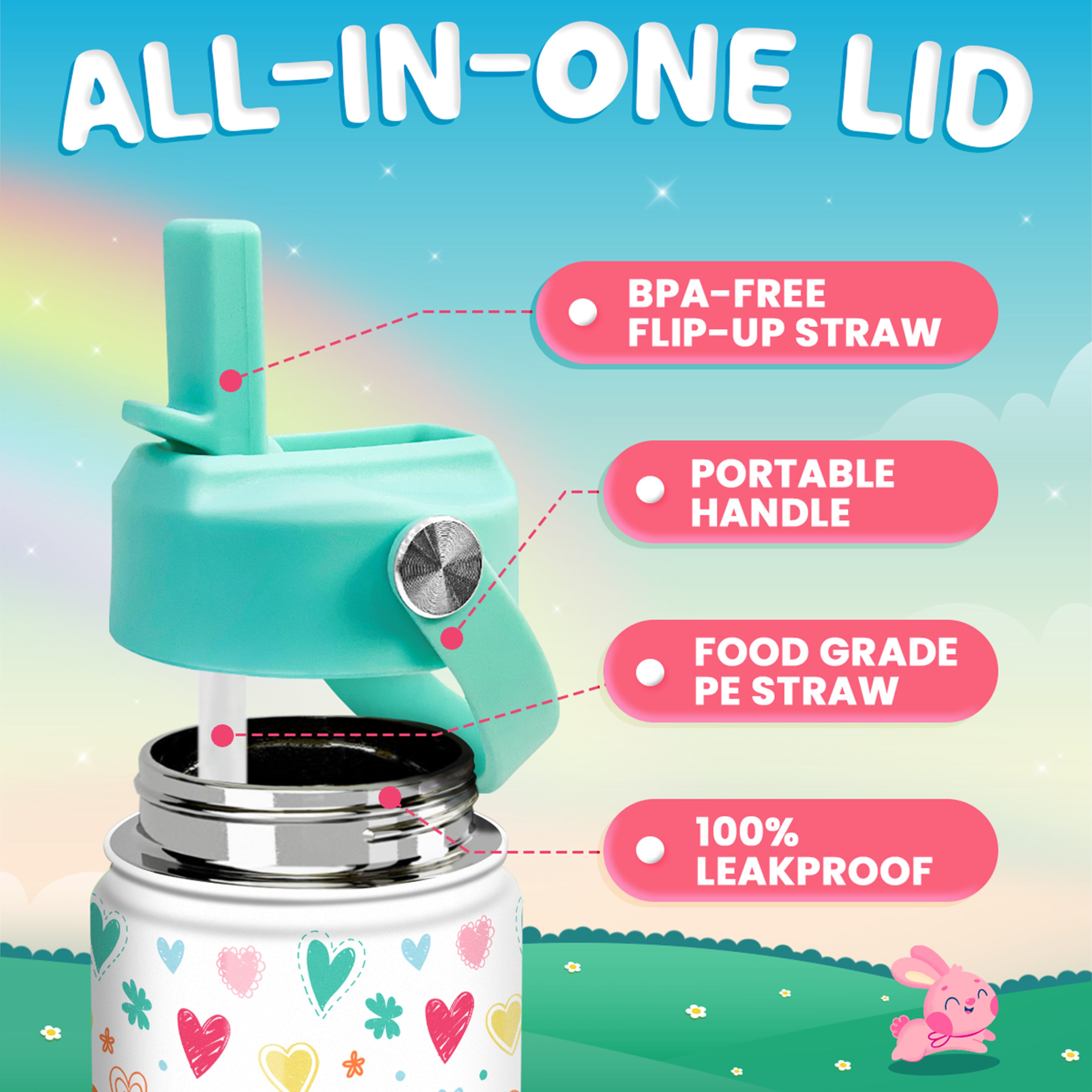 White Heart SipKid | Kids Stainless Steel Straw Lid Water Bottle 12oz