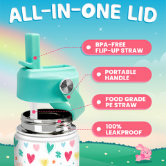 Kids Water Bottle with Straw Lid - 12 Oz Insulated Stainless Steel Water Bottles for Toddlers Kid Girls - Heart Water Bottle Travel Cup for School Sports