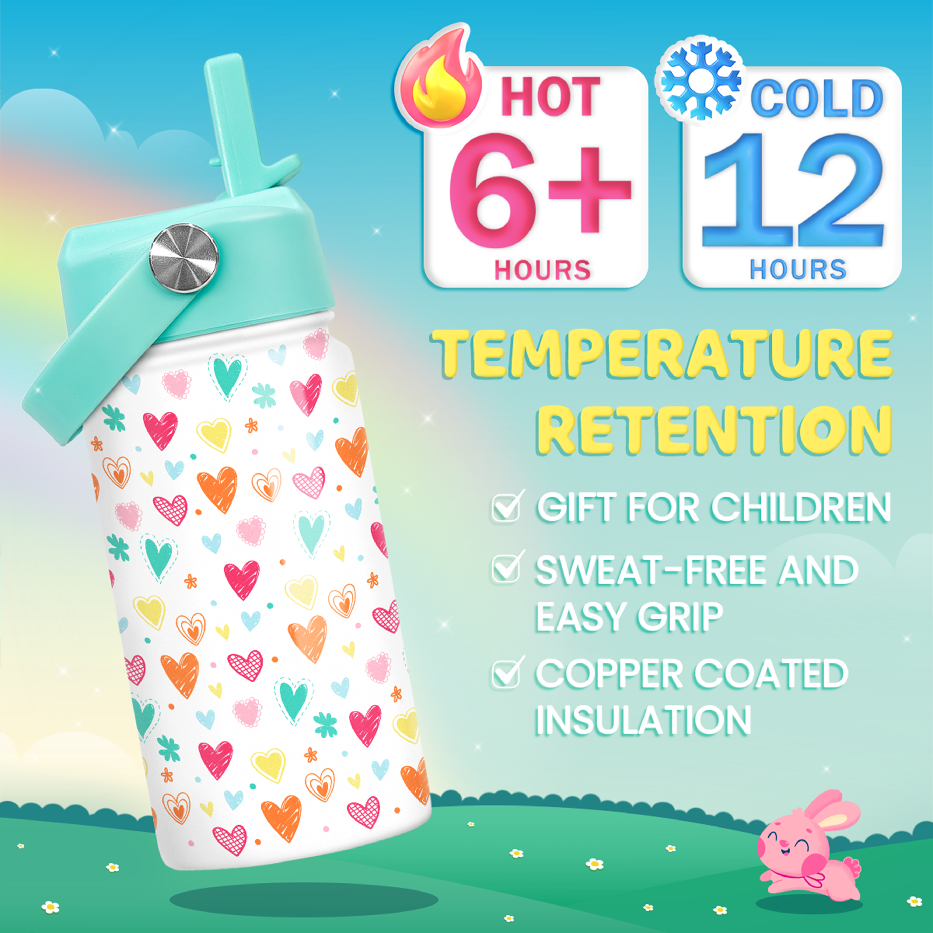 White Heart SipKid | Kids Stainless Steel Straw Lid Water Bottle 12oz