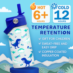 Dinosaur Water Bottle - Kids Water Bottle with Straw Lid - 12 Oz Insulated Stainless Steel Water Bottles for Toddlers Kid Boys - Travel Cup for School Sports