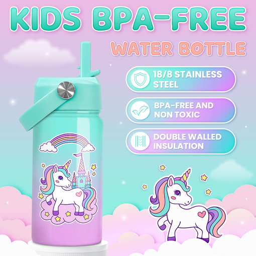 Unicorn Water Bottle - Kids Water Bottle with Straw Lid - 12 Oz Insulated Stainless Steel Ocean Water Bottles for Toddlers Kid Girl- Travel Cup for School Sports