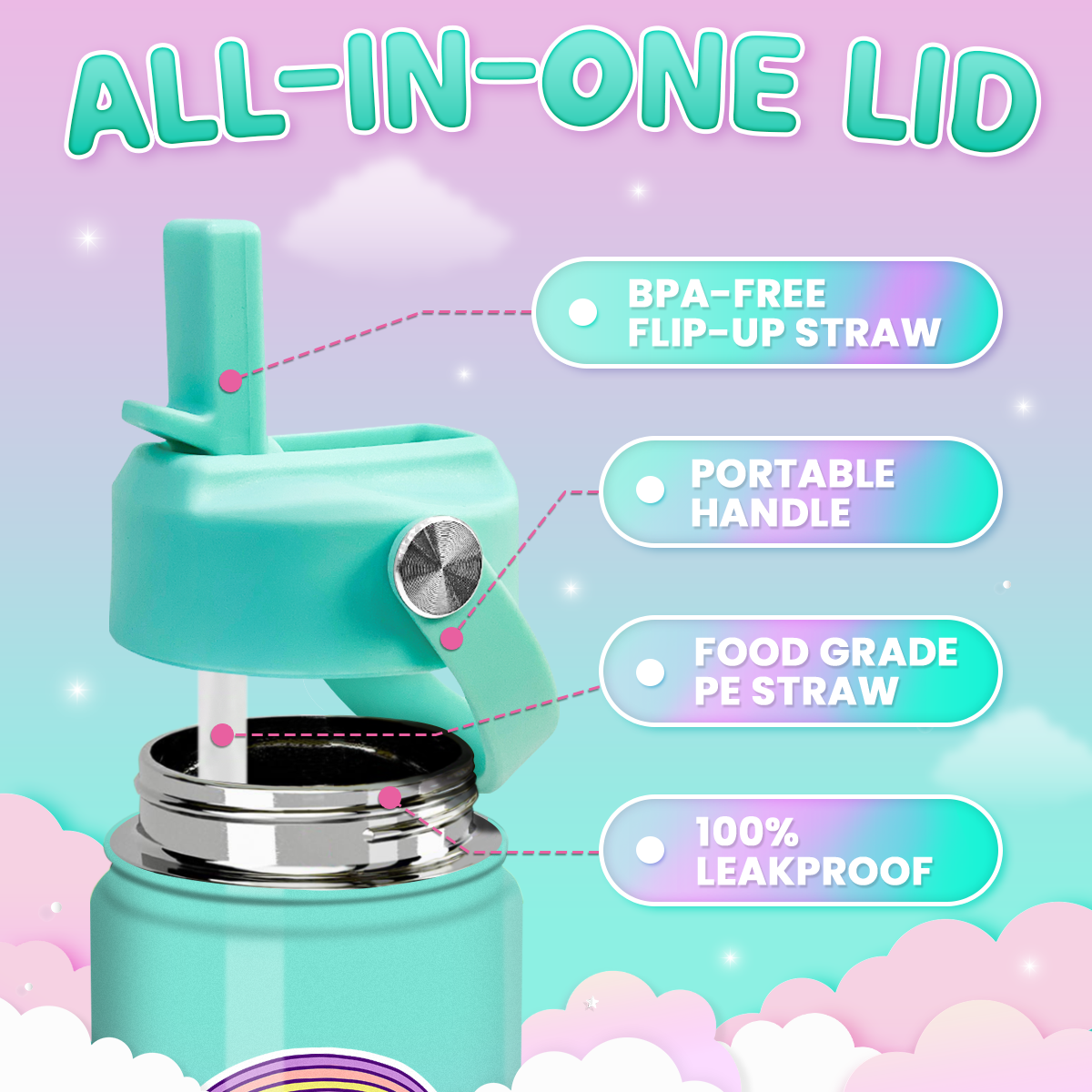Purple Unicorn SipKid | Kids Stainless Steel Straw Lid Water Bottle 12oz