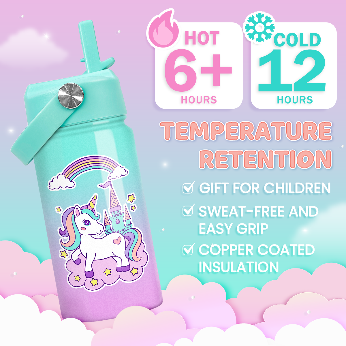 Purple Unicorn SipKid | Kids Stainless Steel Straw Lid Water Bottle 12oz