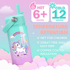 Unicorn Water Bottle - Kids Water Bottle with Straw Lid - 12 Oz Insulated Stainless Steel Ocean Water Bottles for Toddlers Kid Girl- Travel Cup for School Sports
