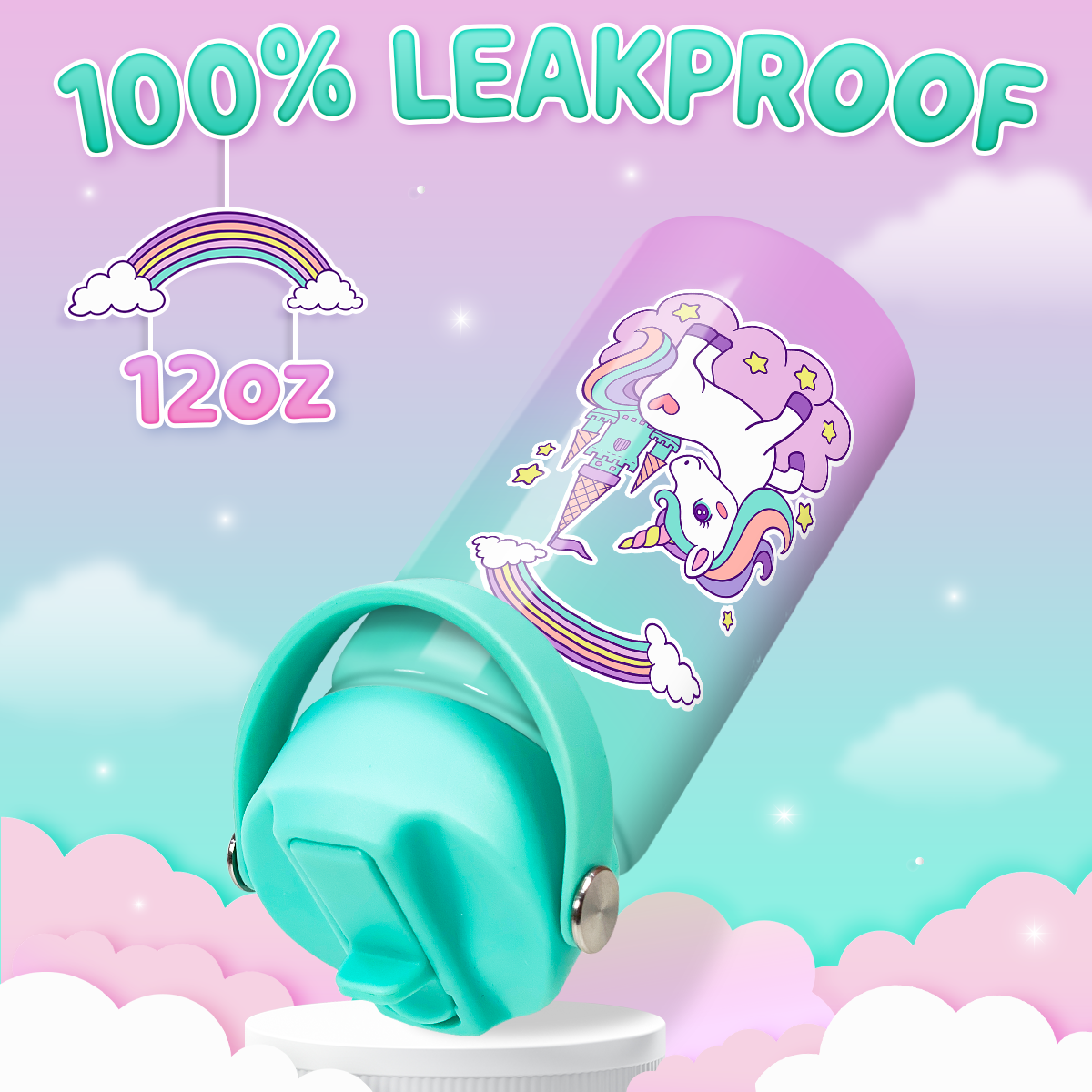 Purple Unicorn SipKid | Kids Stainless Steel Straw Lid Water Bottle 12oz
