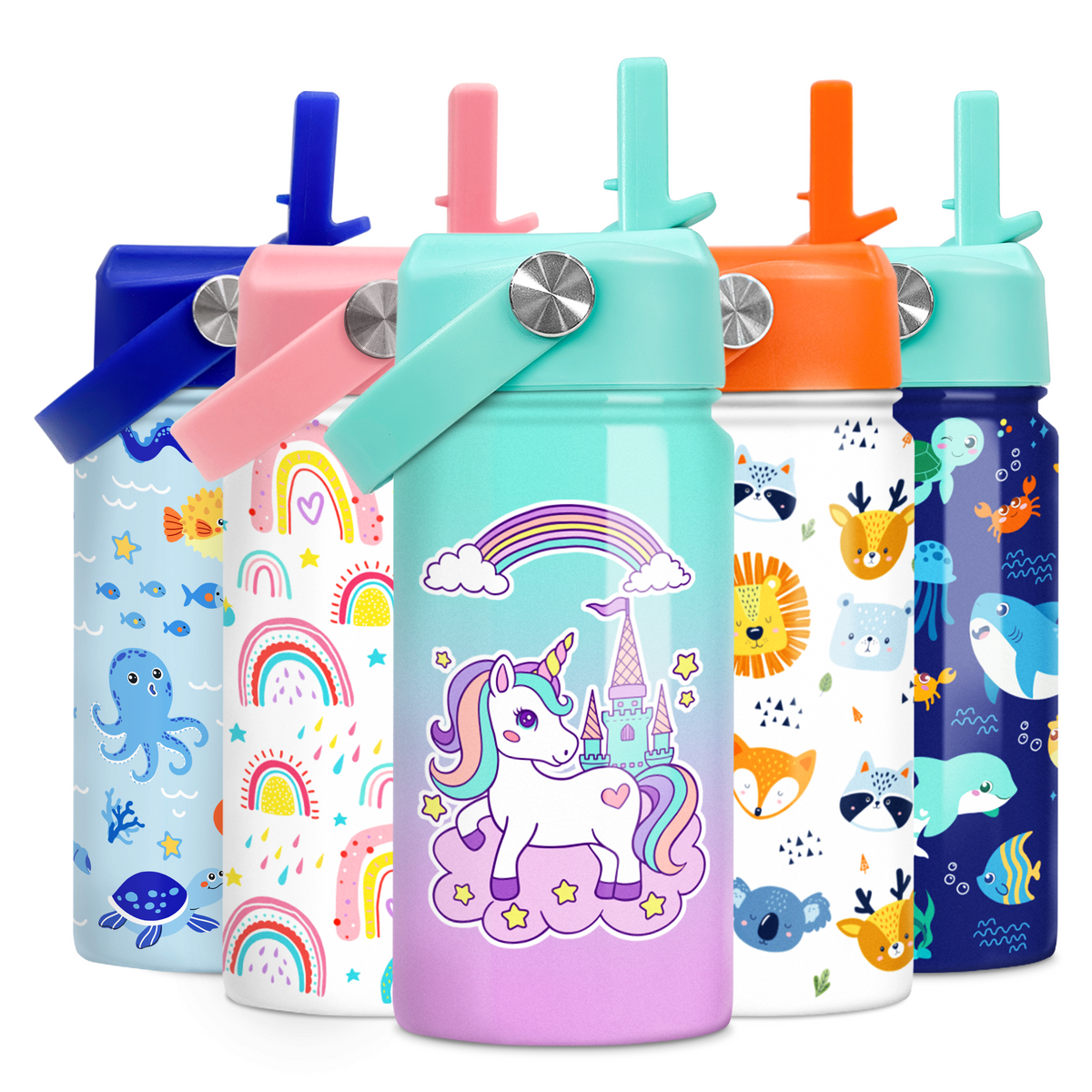 A collection of colorful kids' water bottles with straw lids, featuring various designs including unicorns, rainbows, castles, and animals.
