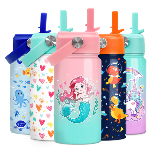 Mermaid Water Bottle for Girls - Kids Water Bottle with Straw Lid - 12 Oz Insulated Stainless Steel Water Bottles for Toddlers Kid - Travel Cup for School Sports