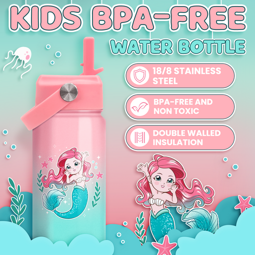 Mermaid Water Bottle for Girls - Kids Water Bottle with Straw Lid - 12 Oz Insulated Stainless Steel Water Bottles for Toddlers Kid - Travel Cup for School Sports