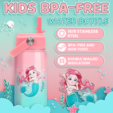 Pink Mermaid SipKid | Kids Stainless Steel Straw Lid Water Bottle 12oz